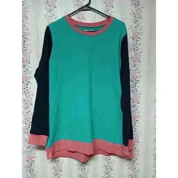 Lands End Serious Sweats Sweatshirt SZ Large Teal Colorblock Print Fall Top - Picture 1 of 5